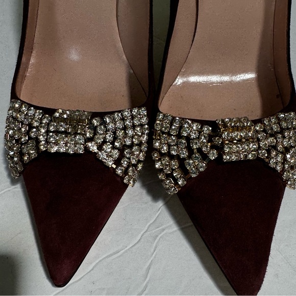 Kate Spade Lissie Hangisi Bow Burgundy Suede  Leather Point Toe Heels Rhinestone - Picture 15 of 16